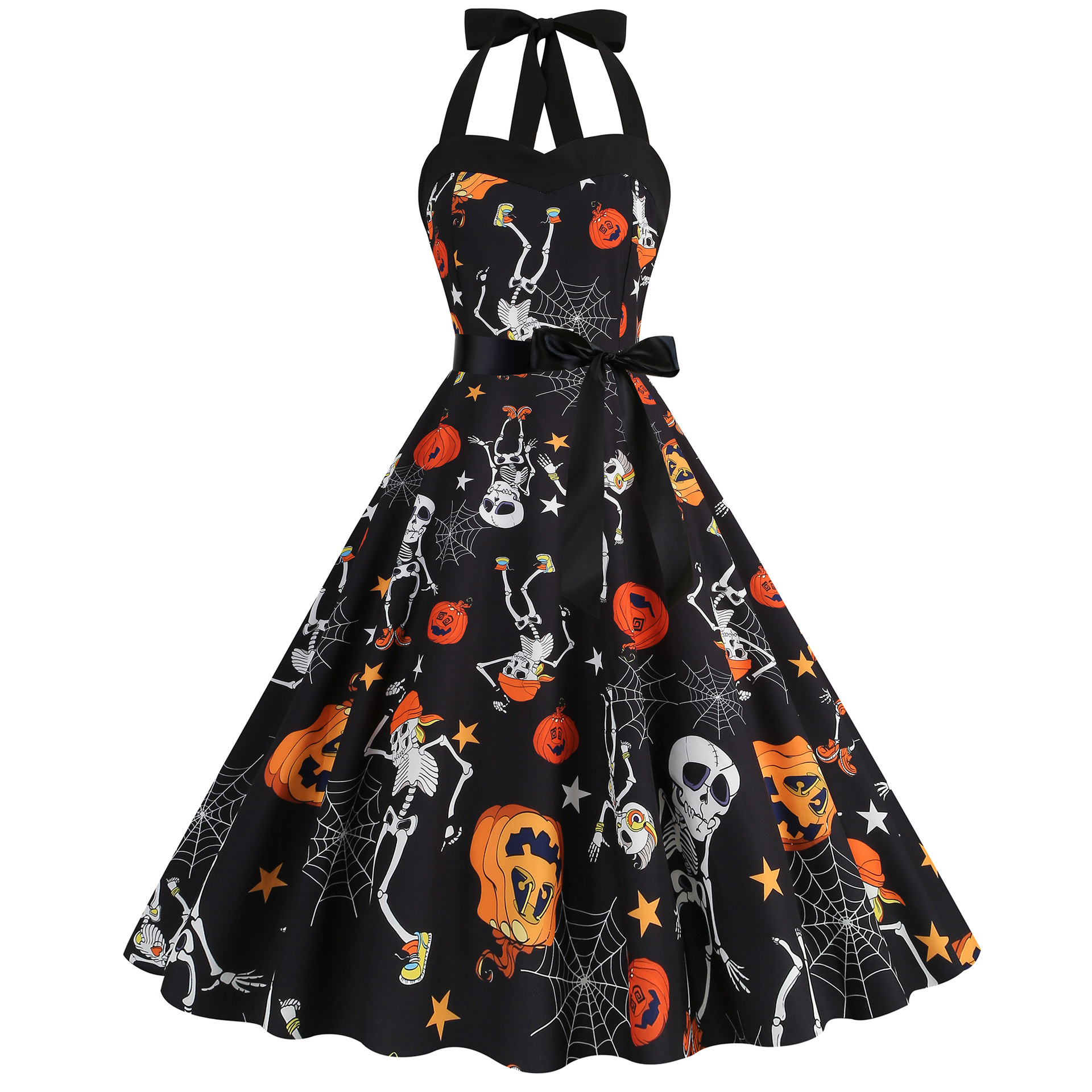 Women Sleeveless Halter Print Halloween Dresses Elegant Festival Party Costumes